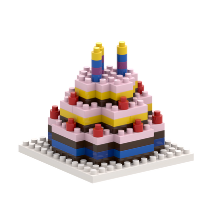 Send birthday wishes with the Brixies Postcard Birthday Cake—a LEGO-style greeting card featuring stacked pink, yellow, blue, and brown bricks with four candles on a white baseplate. Perfect for mailing to celebrate any birthday!.