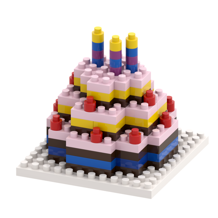The Brixies Postcard Birthday Cake is a toy cake kit made of colorful interlocking blocks. It features pink, yellow, brown, blue, and red layers with three blue and yellow candles—perfect as a fun mailable birthday postcard.