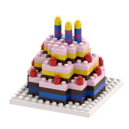 The Brixies Postcard Birthday Cake is a toy cake kit made of colorful interlocking blocks. It features pink, yellow, brown, blue, and red layers with three blue and yellow candles—perfect as a fun mailable birthday postcard.