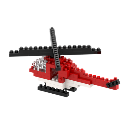 The Brixies Postcard Helicopter is a mini build kit made from red, black, and white micro bricks, featuring a main and tail rotor—perfect for creative fun against a plain white background.