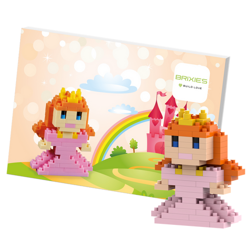 The Brixies Postcard Princess mini build kit features a 3D princess figure with a crown, standing before a colorful fairytale backdrop with a castle, rainbow, clouds, and the Brixies logo.