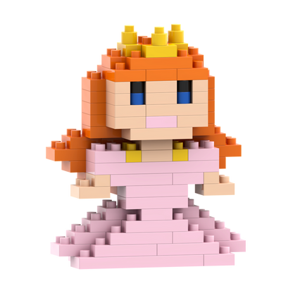 The Brixies Postcard Princess is a pixelated 3D figure built from interlocking blocks, with orange hair, a yellow crown, pink dress, and blue eyes—an adorable upright mini build kit perfect for collectors.