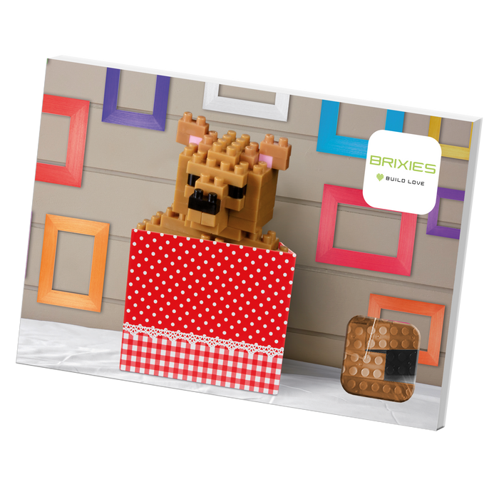 The Brixies Postcard Teddy Bear is a mini build kit featuring a blocky 3D teddy bear in a red, polka-dotted box, with colorful empty picture frames on a gray wall and the Brixies logo in the corner.