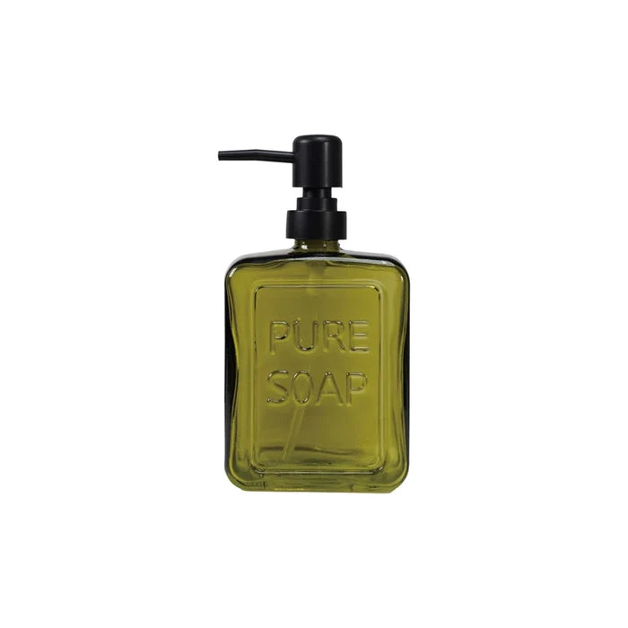 Pressed Glass Soap Dispenser with Pump "PURE SOAP", Olive