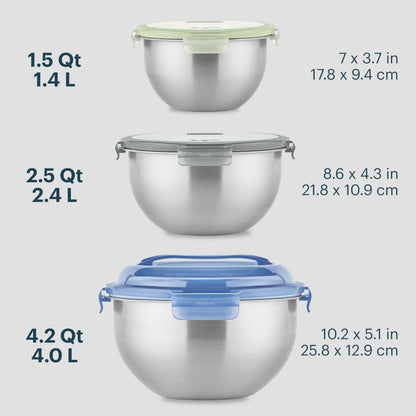 Three stainless steel mixing bowls with lids of different sizes on a white background