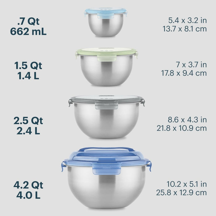 Set of stainless steel bowls with lids and their measurements on a light gray background
