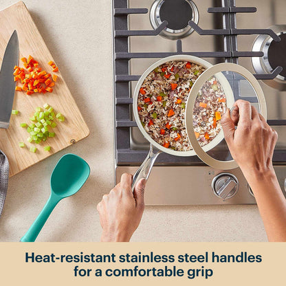 Person cooking on a stovetop with a pan and using a spatula, text about heat-resistant handles.