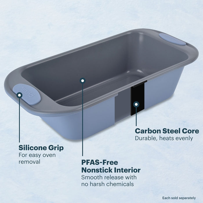 Gray loaf pan with features highlighted on a light blue background