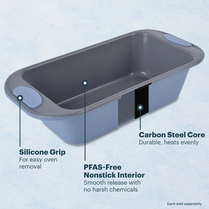 Gray loaf pan with features highlighted on a light blue background