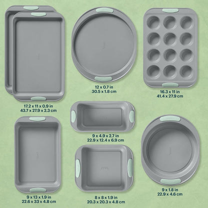 Set of gray baking molds with measurements on a green background