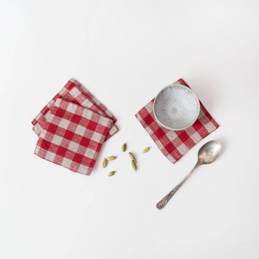 Red Gingham Linen Coasters Set of 4