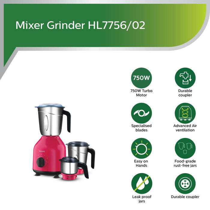 Refurbished Philips 750W Mixer Grinder 3 Jar Red - HL7756/02 - Liquidation