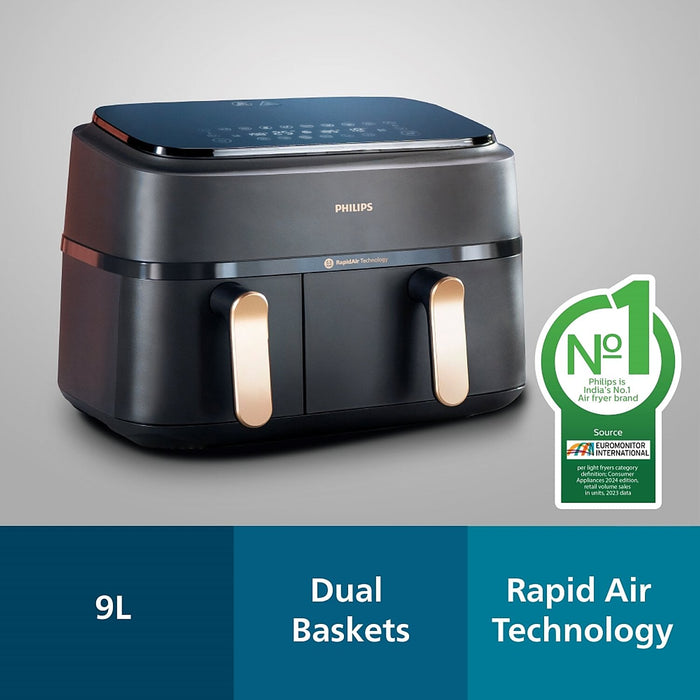 Refurbished Philips 9L Airfryer With Dual Baskets For Full Tray Cooking 8 Preset Menus Na352 00