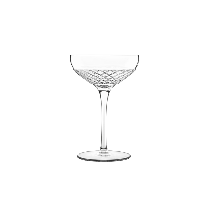A clear Roma 1960 Cocktail Coupe glass by Luigi Bormioli on a white background