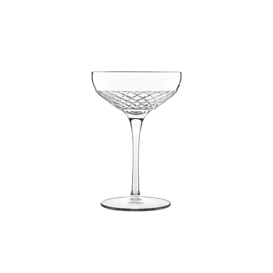 A clear Roma 1960 Cocktail Coupe glass by Luigi Bormioli on a white background