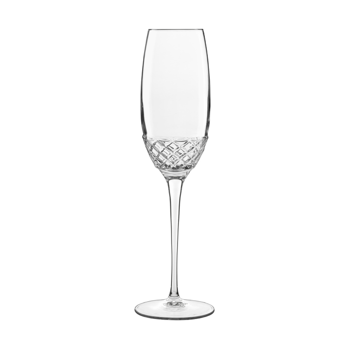 A clear Roma 1960 Flute glass by Luigi Bormioli on a white background