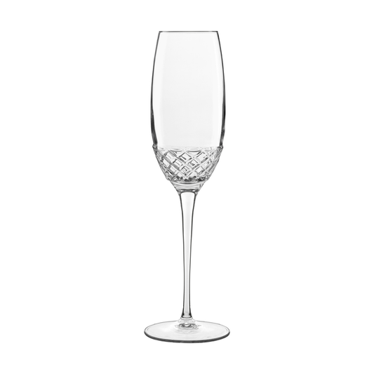 A clear Roma 1960 Flute glass by Luigi Bormioli on a white background