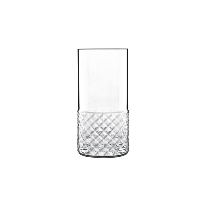 A clear Roma 1960 Highball glass by Luigi Bormioli on a white background