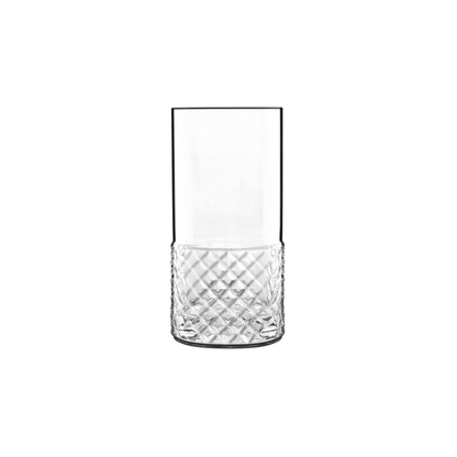 A clear Roma 1960 Highball glass by Luigi Bormioli on a white background