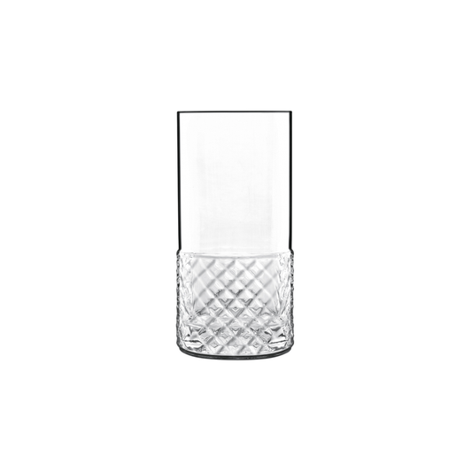 A clear Roma 1960 Highball glass by Luigi Bormioli on a white background