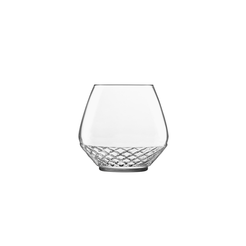 A clear Roma 1960 Rum glass by Luigi Bormioli on a white background