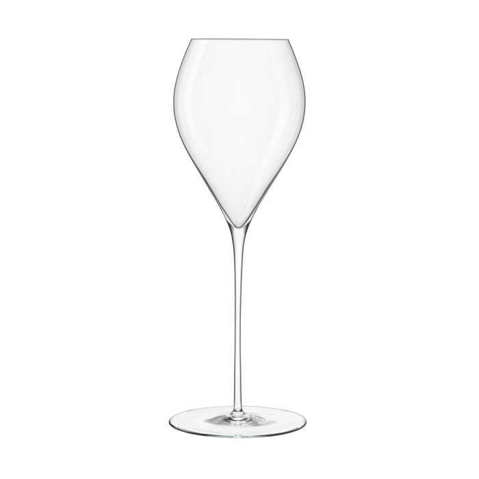 A clear Sapientia Bollicine Sparkling Wine glass by Luigi Bormioli on a white background