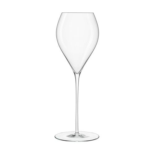A clear Sapientia Bollicine Sparkling Wine glass by Luigi Bormioli on a white background