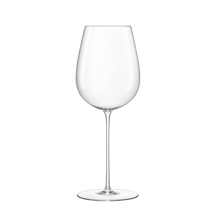 A clear Sapientia Bordeaux glass by Luigi Bormioli on a white background