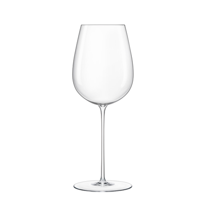 A clear Sapientia Bordeaux glass by Luigi Bormioli on a white background