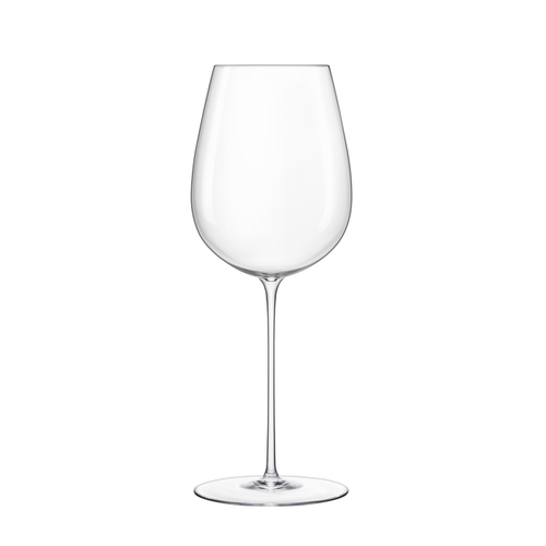A clear Sapientia Bordeaux glass by Luigi Bormioli on a white background