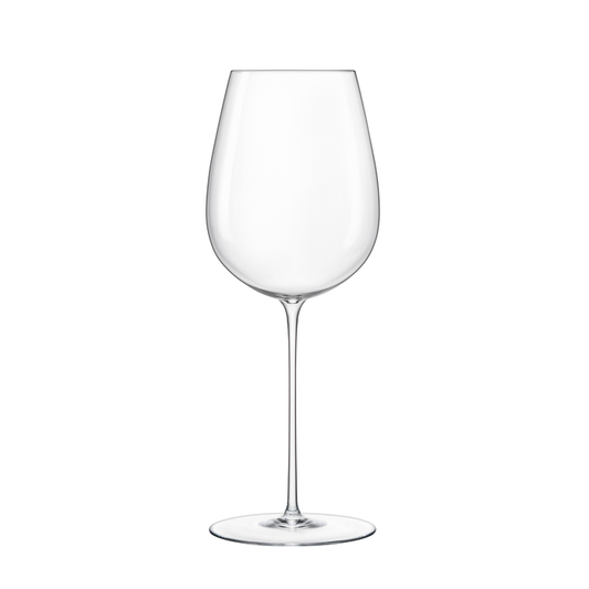 A clear Sapientia Bordeaux glass by Luigi Bormioli on a white background