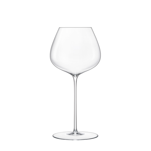 A clear Sapientia Cabernet/Merlot glass by Luigi Bormioli on a white background