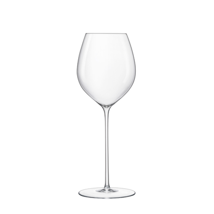 A clear Sapientia Chardonnay glass by Luigi Bormioli on a white background