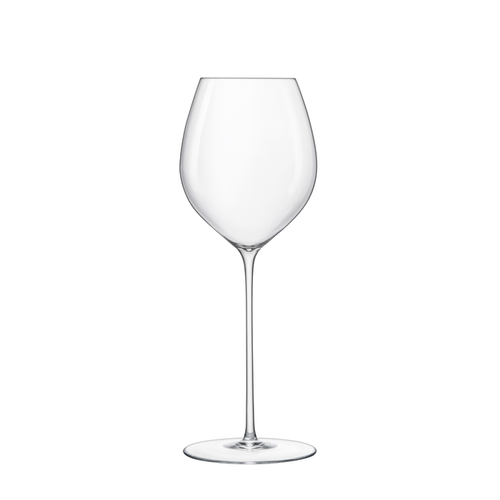 A clear Sapientia Chardonnay glass by Luigi Bormioli on a white background
