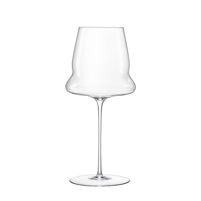 A clear Sapientia Red Wine glass by Luigi Bormioli on a white background
