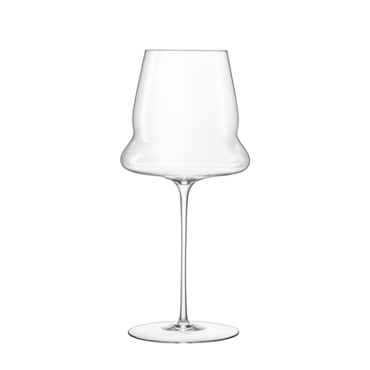 A clear Sapientia Red Wine glass by Luigi Bormioli on a white background