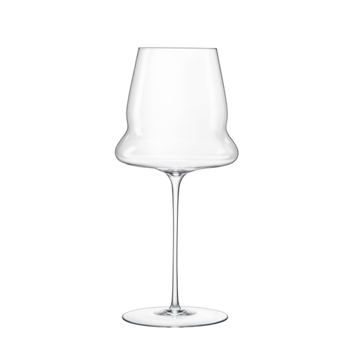 A clear Sapientia Red Wine glass by Luigi Bormioli on a white background
