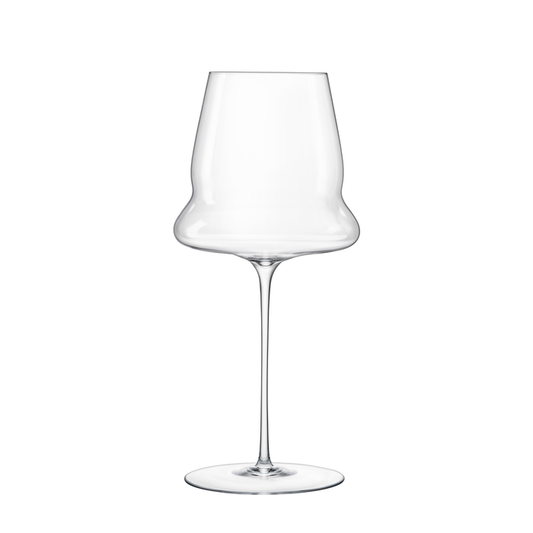 A clear Sapientia Red Wine glass by Luigi Bormioli on a white background