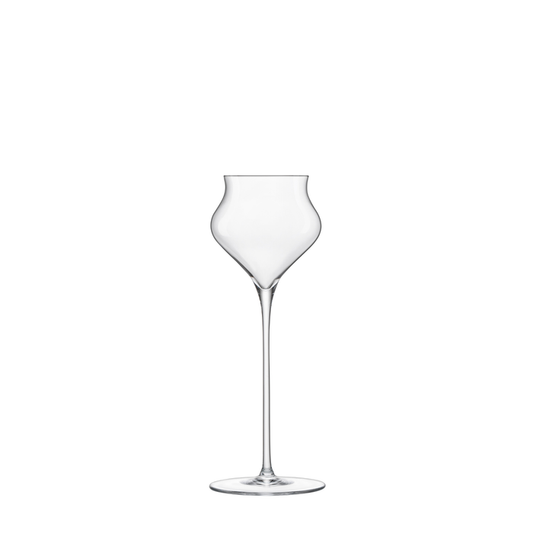 A clear Sapientia Spirits glass by Luigi Bormioli on a white background