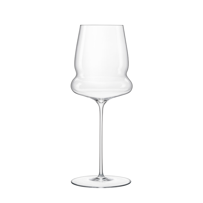 A clear Sapientia White Wine glass by Luigi Bormioli on a white background
