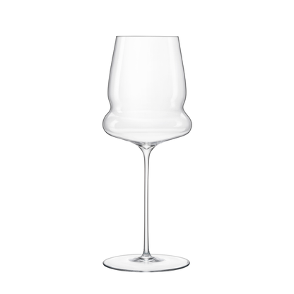 A clear Sapientia White Wine glass by Luigi Bormioli on a white background