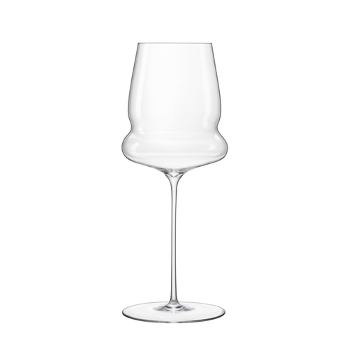 A clear Sapientia White Wine glass by Luigi Bormioli on a white background