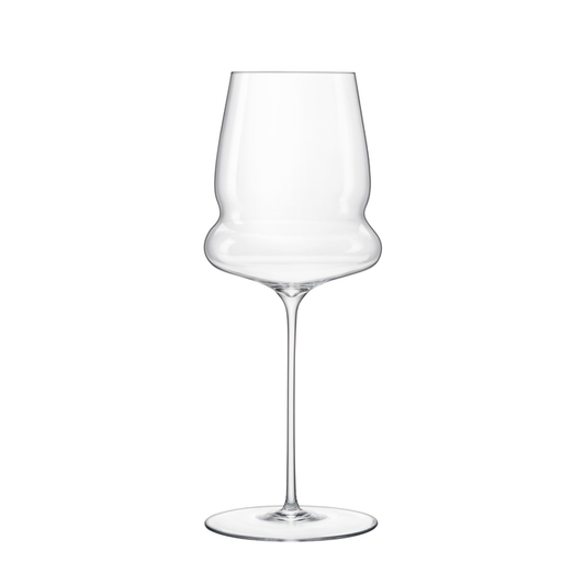 A clear Sapientia White Wine glass by Luigi Bormioli on a white background