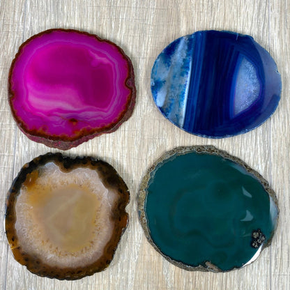 Set of 4 Agate Coasters in Natural, Pink, Green & Blue Dyed color mix, 3.5" to 4.5" each, 4 piece-set Model #5203PINK - Brazil GemsBrazil GemsSet of 4 Agate Coasters in Natural, Pink, Green & Blue Dyed color mix, 3.5" to 4.5" each, 4 piece-set Model #5203PINKCoaster Sets5203PINK