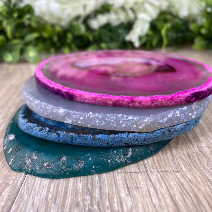 Set of 4 Agate Coasters in Natural, Pink, Green & Blue Dyed color mix, 3.5" to 4.5" each, 4 piece-set Model #5203PINK - Brazil GemsBrazil GemsSet of 4 Agate Coasters in Natural, Pink, Green & Blue Dyed color mix, 3.5" to 4.5" each, 4 piece-set Model #5203PINKCoaster Sets5203PINK