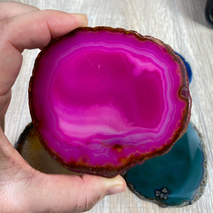 Set of 4 Agate Coasters in Natural, Pink, Green & Blue Dyed color mix, 3.5" to 4.5" each, 4 piece-set Model #5203PINK - Brazil GemsBrazil GemsSet of 4 Agate Coasters in Natural, Pink, Green & Blue Dyed color mix, 3.5" to 4.5" each, 4 piece-set Model #5203PINKCoaster Sets5203PINK
