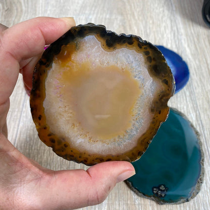 Set of 4 Agate Coasters in Natural, Pink, Green & Blue Dyed color mix, 3.5" to 4.5" each, 4 piece-set Model #5203PINK - Brazil GemsBrazil GemsSet of 4 Agate Coasters in Natural, Pink, Green & Blue Dyed color mix, 3.5" to 4.5" each, 4 piece-set Model #5203PINKCoaster Sets5203PINK