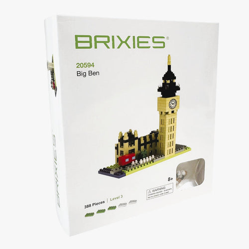 Brixies Small Gift Box Big Ben is a 388-piece micro-brick set for ages 8+, featuring a miniature Big Ben—ideal as a London souvenir. A clear window on the box shows some included bricks.