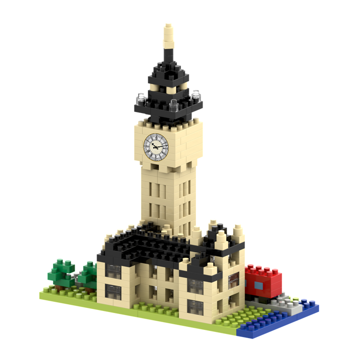 The Brixies Small Gift Box Big Ben is a micro-brick construction kit featuring a beige and black model of Big Ben, green trees, and red and blue accents on a blue base—an ideal London souvenir.