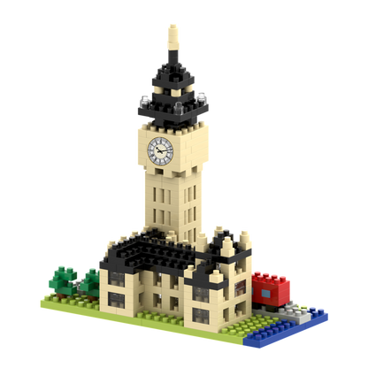 The Brixies Small Gift Box Big Ben is a micro-brick construction kit featuring a beige and black model of Big Ben, green trees, and red and blue accents on a blue base—an ideal London souvenir.